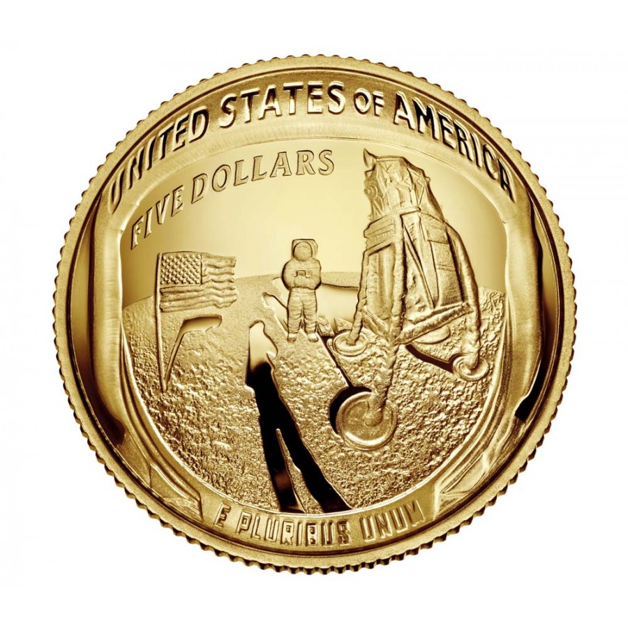 USA 50th ANNIVERSARY APOLLO-11 FIRST WALK ON THE MOON $5 Gold Coin Concave Convex Shaped 2019 PROOF